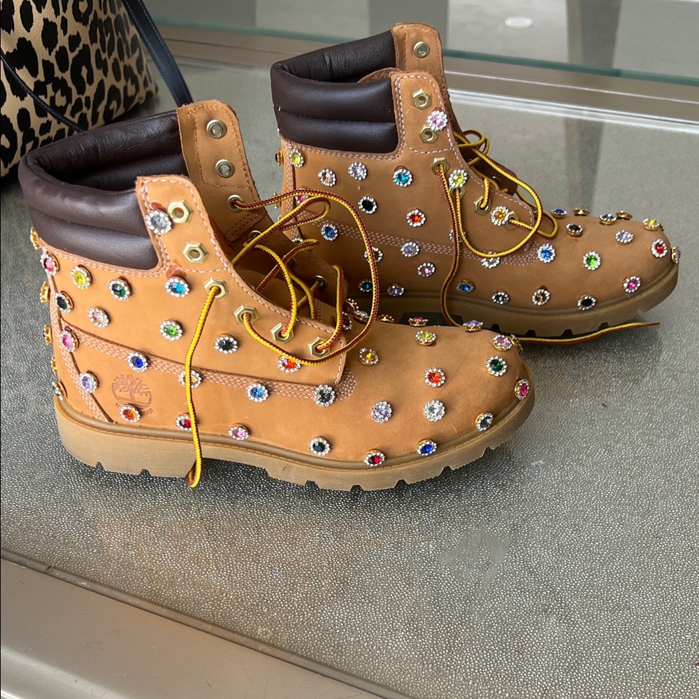 Timberland Tan Lace Up Boots with Colorful Gems iconic